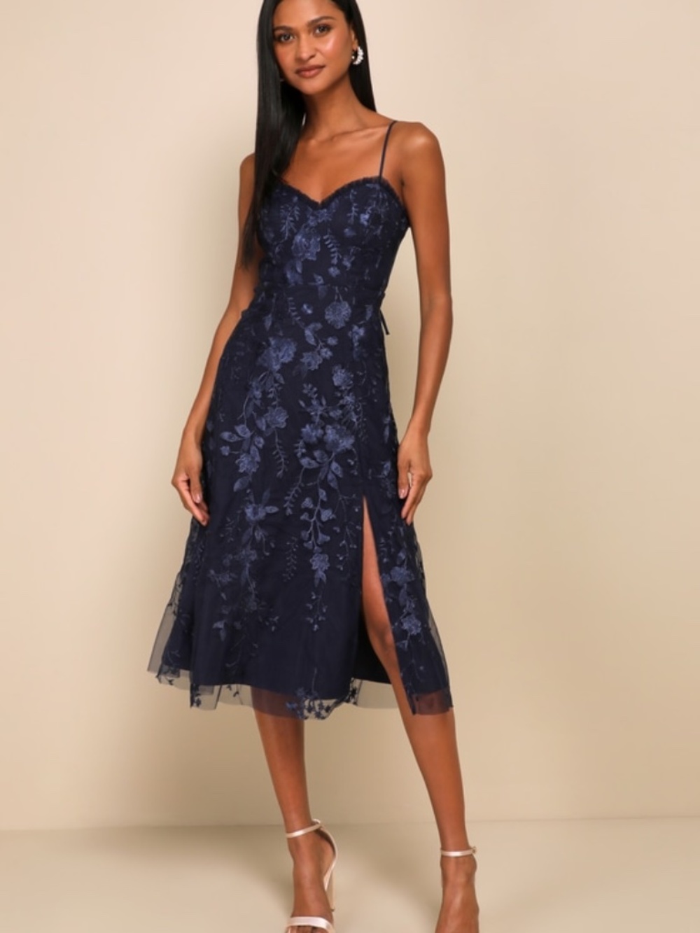 Lulus Charmingly Sophisticated Navy Blue Tulle Embroidered Midi Dress - Size M